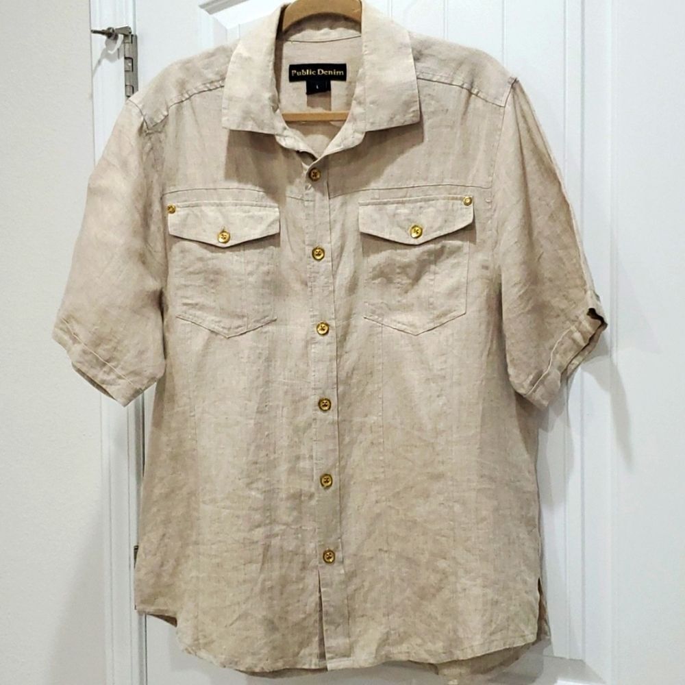Public Denim Mens 100% Linen Tan Button Down Shirt,  Size Large